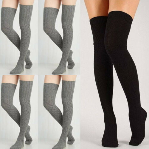 Womens Knitted Socks Thigh High Stretchy Solid Elastic Leggings Warm Stockings 